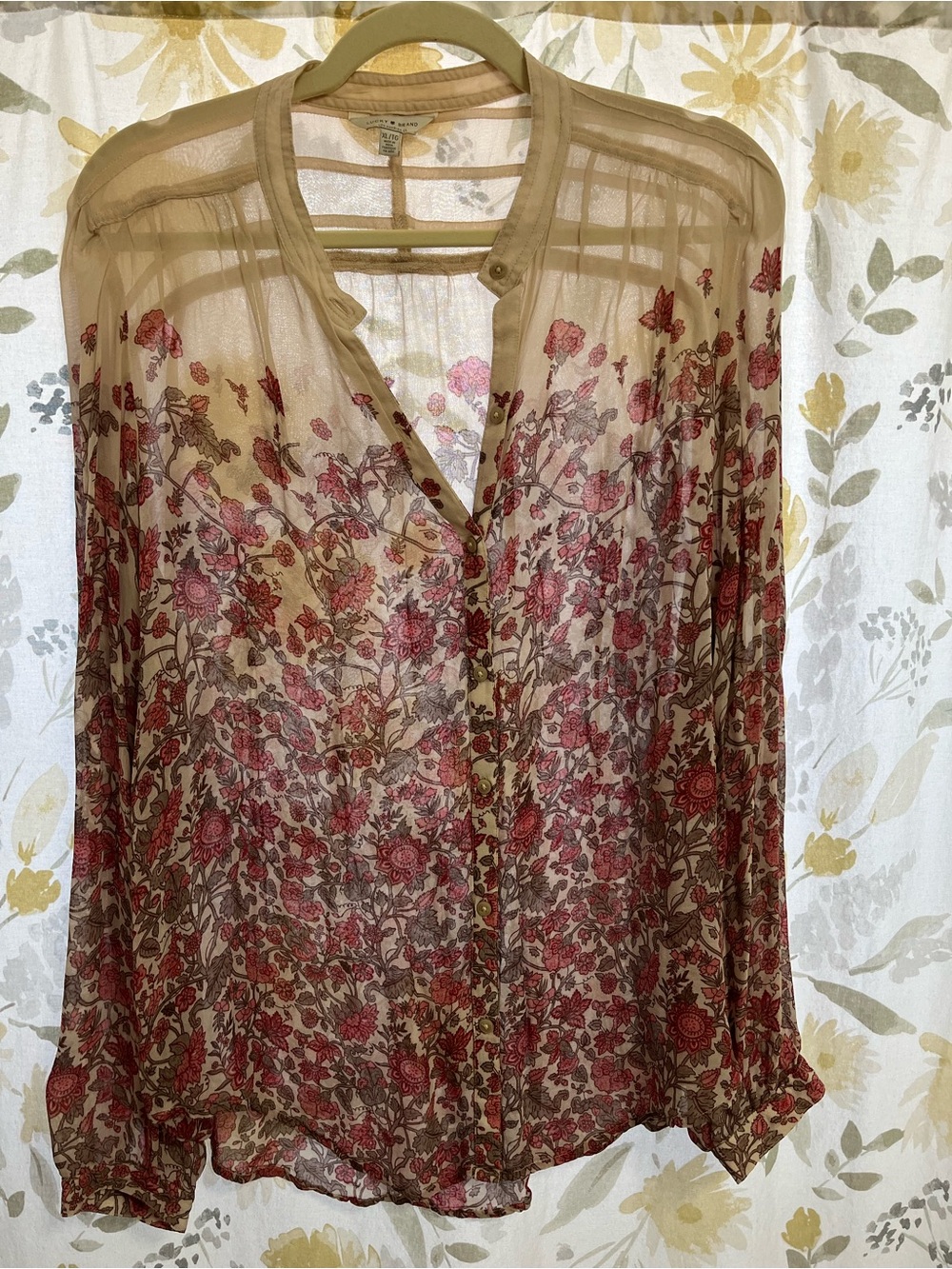 Lucky Brand Sheer Taupe Blouse with Pink Floral Print